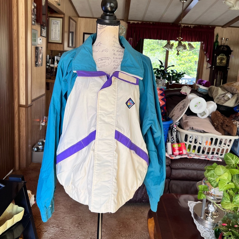 Vintage 90s WOOLRICH Windbreaker white, jade, purple Nylon Colorblock Jacket.